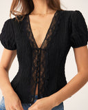 Sueña Siyah Jakarlı Dantel Düğmeli Bluz
