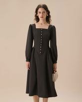 Sueña™ Siyah Kare Yaka Kabarık Kol Midi Elbise