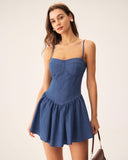 Sueña™ Mavi Pileli Slip Mini Elbise