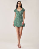 Sueña™ Yeşil Çiçekli Kalp Yaka Mini Elbise
