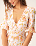 Sueña™ Turuncu Çiçekli V Yaka Kabarık Kol Maxi Elbise