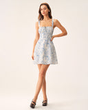 Sueña Mavi Çiçekli Dantelli Slip Korse Mini Elbise