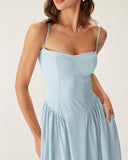 Sueña™ Mavi Kare Yaka Cepli Slip Midi Elbise