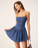 Sueña™ Mavi Pileli Slip Mini Elbise