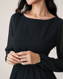 Sueña™ Siyah Puantiyeli Kayık Yaka Mini Elbise