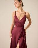 Sueña Kırmızı Saten Yırtmaçlı Maxi Elbise