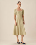 Sueña™ Yeşil Kalp Yaka Büzgülü Midi Elbise