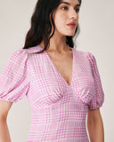 Sueña™ Pembe Ekose V Yaka Midi Elbise