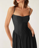 Sueña Siyah Kare Yaka Cepli Slip Midi Elbise