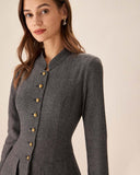 Sueña™ Gri Düğmeli Piliseli Mini Elbise