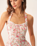 Sueña Pembe Çiçekli Boyundan Bağlamalı Midi Elbise