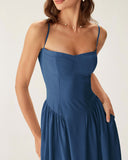 Sueña™ Lacivert Kare Yaka Cepli Slip Midi Elbise