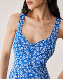 Sueña™ Mavi Çiçekli Yırtmaçlı Slip Midi Elbise