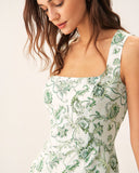 Sueña Yeşil Çiçekli Kare Yaka Midi Elbise