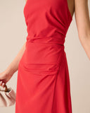 Sueña Kadın Kırmızı Büzgülü Boyundan Bağlamalı Maxi Elbise