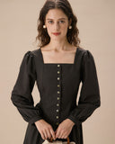 Sueña™ Siyah Kare Yaka Kabarık Kol Midi Elbise