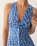 Sueña Mavi Çiçekli V Yaka Kolsuz Midi Elbise