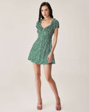 Sueña™ Yeşil Çiçekli Kalp Yaka Mini Elbise