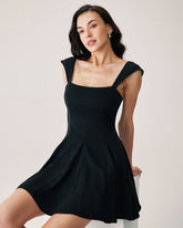 Sueña™ Siyah Kare Yaka Büzgülü Mini Elbise