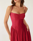 Sueña Kırmızı Kare Yaka Cepli Slip Midi Elbise