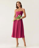 Sueña™ Şarap Kırmızısı Kare Yaka Cepli Slip Midi Elbise