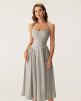 Sueña™ Gri Kare Yaka Cepli Slip Midi Elbise