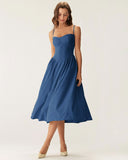 Sueña™ Lacivert Kare Yaka Cepli Slip Midi Elbise