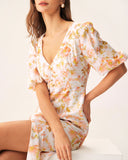 Sueña™ Turuncu Çiçekli V Yaka Kabarık Kol Maxi Elbise