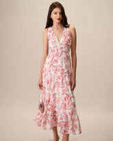 Sueña™ Kadın Kırmızı Çiçekli Dantelli Kolsuz Maxi Elbise