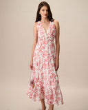 Sueña™ Kadın Kırmızı Çiçekli Dantelli Kolsuz Maxi Elbise