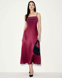 Sueña Kırmızı Saten Kare Yaka Slip Maxi Elbise