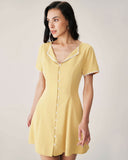 Sueña Sarı V Yaka Düğmeli Mini Elbise