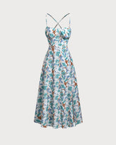 Sueña™ Yeşil Çiçekli Sırtı Açık Slip Yırtmaçlı Maxi Elbise