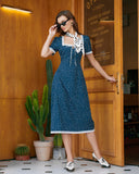 Sueña™ Lacivert Puantiyeli Dantel Midi Elbise