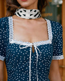 Sueña™ Lacivert Puantiyeli Dantel Midi Elbise