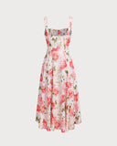 Sueña Pembe Çiçekli Kare Yaka Yırtmaçlı Slip Midi Elbise