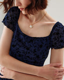 Sueña Mavi Çiçekli Kare Yaka File Mini Elbise