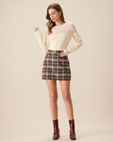 Sueña™ Kahverengi Ekose Düz Mini Etek