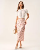 Sueña Pembe Çiçekli Saten Düz Midi Etek