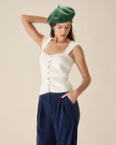 Sueña™ Beyaz Örgü Düğmeli Tank