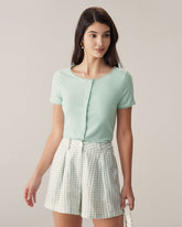 Sueña™ Yeşil Yuvarlak Yaka Düğmeli Slim Tee