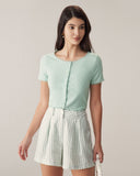 Sueña™ Yeşil Yuvarlak Yaka Düğmeli Slim Tee