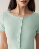 Sueña™ Yeşil Yuvarlak Yaka Düğmeli Slim Tee