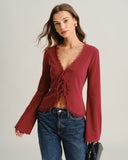 Kırmızı V Yaka Önü Bağlamalı Hırka