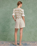 Sueña™ Beyaz Çizgili Yuvarlak Yaka Tığ İşi Kazak