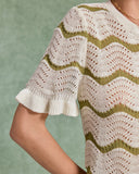 Sueña™ Beyaz Çizgili Yuvarlak Yaka Tığ İşi Kazak