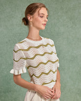 Sueña™ Beyaz Çizgili Yuvarlak Yaka Tığ İşi Kazak