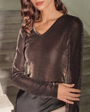 Kahverengi V Yaka Parlak İnce Tişört