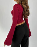 Şarap Kırmızısı V Yaka Dantel Çan Kollu Tişört