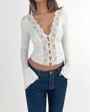 Beyaz Dantel Çan Kollu Tişört